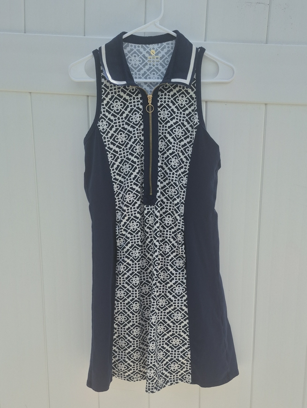 Spartina 449 Navy and White Sleeveless Zip-Front Geometric Shift Dress
